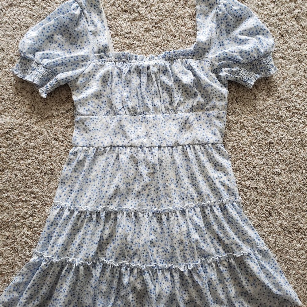 White and Blue Floral Mini Ruffle Dress